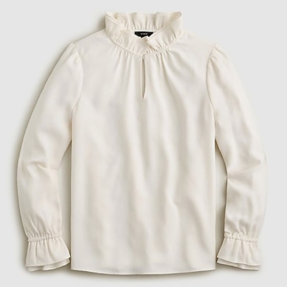 J Crew Ivory 365 Crepe Ruffle Neck Long Sleeve Pull On Career Dress Blouse M - Picture 1 of 13